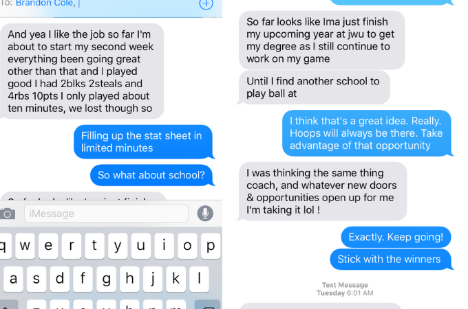 Text Between Basketball Player Brandon Cole and Coach Pat Haggerty
